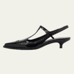 Pointed Toe Perforated T-Strap Mary Jane Slingback Pumps in Black