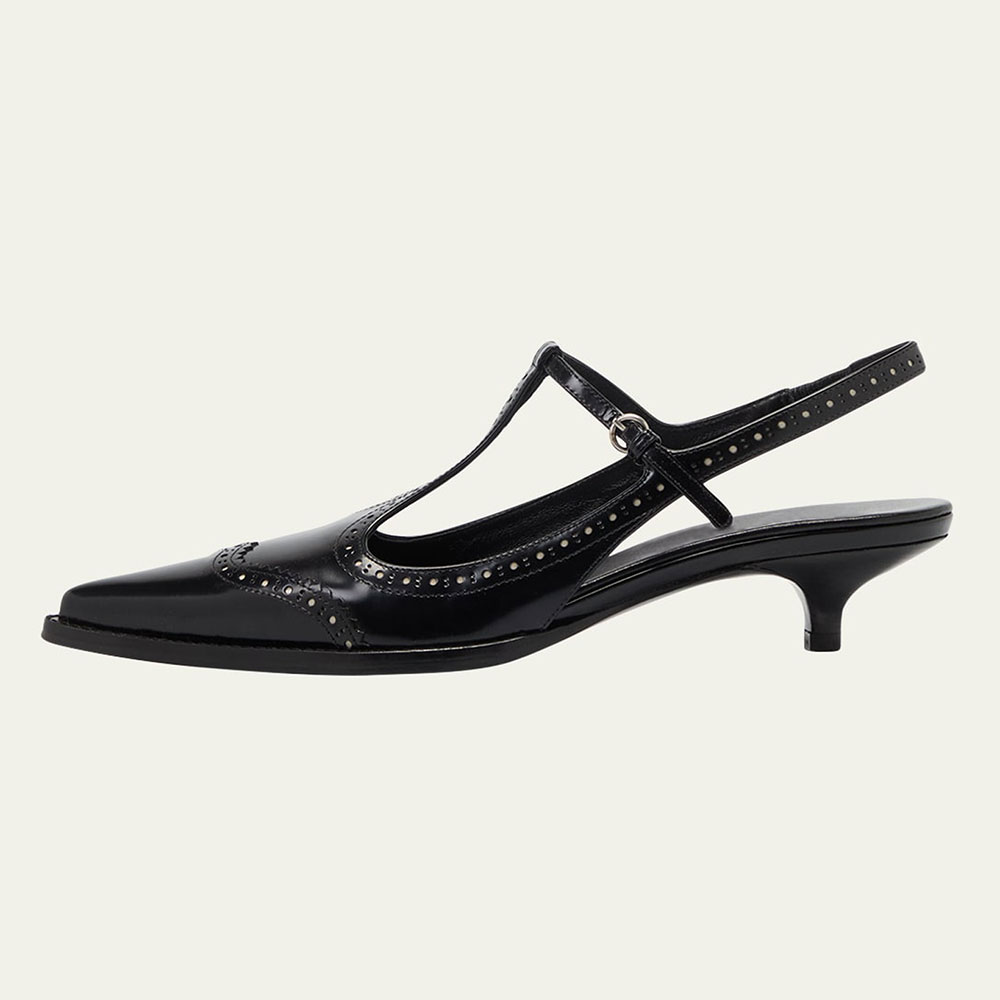 d47d8b9bc9f9574bf41e5874c7ab40b1.jpg Pointed Toe Perforated T-Strap Mary Jane Slingback Pumps in Black - Image 1