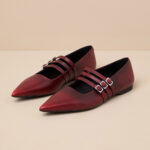 Gradient Maroon Pointed Toe Buckled Strappy Mary Jane Flats