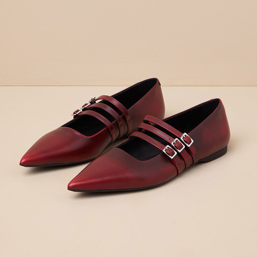 d539a8f6011275ca8bc2943a63cb15c6.jpg Gradient Maroon Pointed Toe Buckled Strappy Mary Jane Flats - Image 1