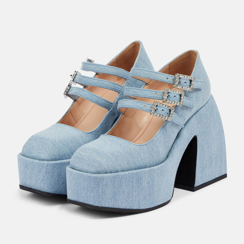 d90267305fd0436282d072614a502781.jpg Light Blue Denim Platform Triple Crystal Buckle Strap Mary Jane Pumps - Image 1