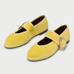 Vibrant Yellow Velvet Rhinestone Buckle Piping Flat Mary Jane Shoes