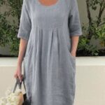 Pleated Pocket Loose  Short-sleeved Dress