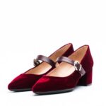 Burgundy Velvet Pointy Toe Mary Jane Shoes Block Heels Pumps
