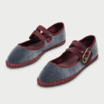 Gray Velvet Round Toe Maroon Piping Mary Jane Flats with Dual Strap