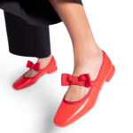 Elegant Red Square Toe Bow Accent Mary Jane Flat Shoes for Women