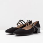 Black Vegan Suede Patchwork Mary Jane Pumps Buckles Block Heels