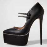 Black Platform Mary Janes Rhinestone Embellished High Heels Pumps