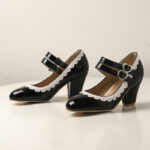 Black & Ivory Patent Round Toe Chunky Heel Office Mary Jane Pumps