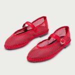 Chic Mesh Round Toe Piping Buckle Strap Flat Mary Jane Shoes in Red