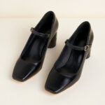 FSJ Black Flower Pattern Square Toe Cylinder Heeled Mary Janes