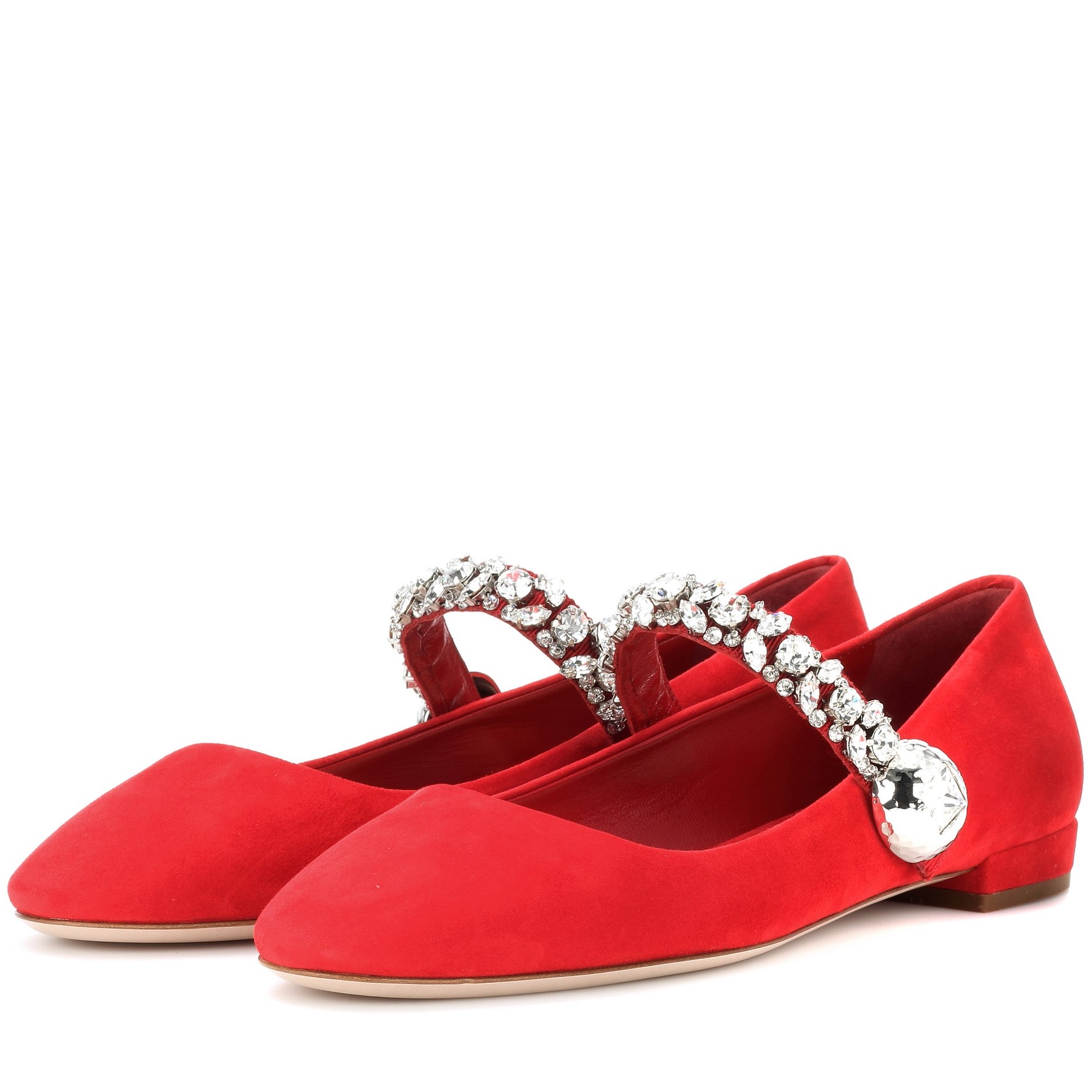 f297c79256da911c67b7fec15631fd32.jpeg Red Vegan Suede Round Toe Rhinestone Strap Mary Jane Flats - Image 1