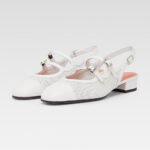 Stylish White Square Toe Perforated Mary Jane Heels with Slingback