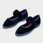 Navy Round Toe Elastic Strap Velvet Flat Mary Jane Shoes with Piping