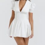 Casual Puff Sleeve Pure White Mini Dress