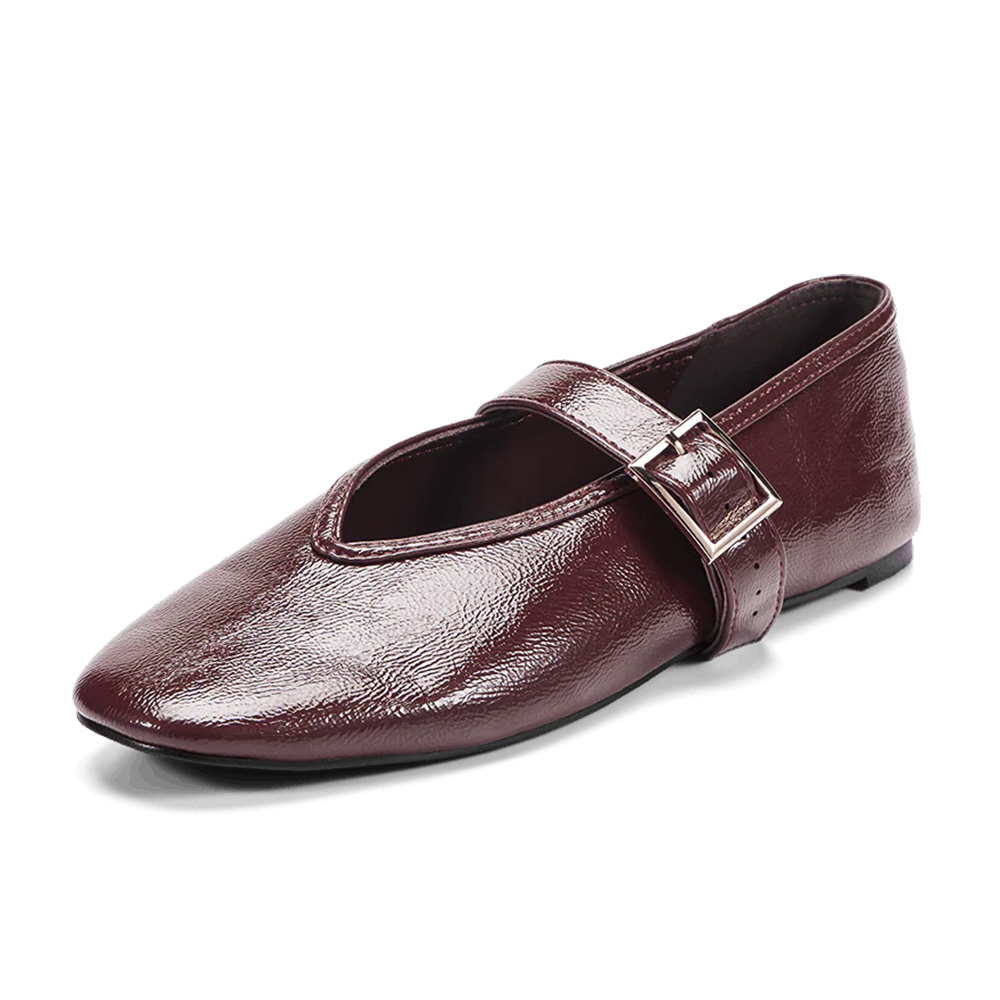 f7c51ecdd98bce44fe0a97b7cf664d21.jpg Burgundy Buckle Strap Simple Mary Jane Flats with Square Toe - Image 1