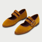 Velvet Round Toe Dual Strap Piping Casual Mary Jane Flats in Mustard