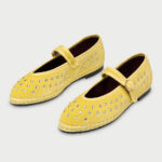 Yellow Velvet Round Toe Buckle Strap Mary Jane Flats with Crystals