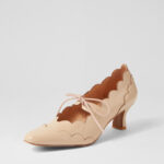 Nude Patent Leather Scalloped Edge Mary Jane Shoes with Kitten Heel