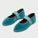 Elegant Teal Velvet Round Toe Ruched Strap Flat Mary Jane Shoes