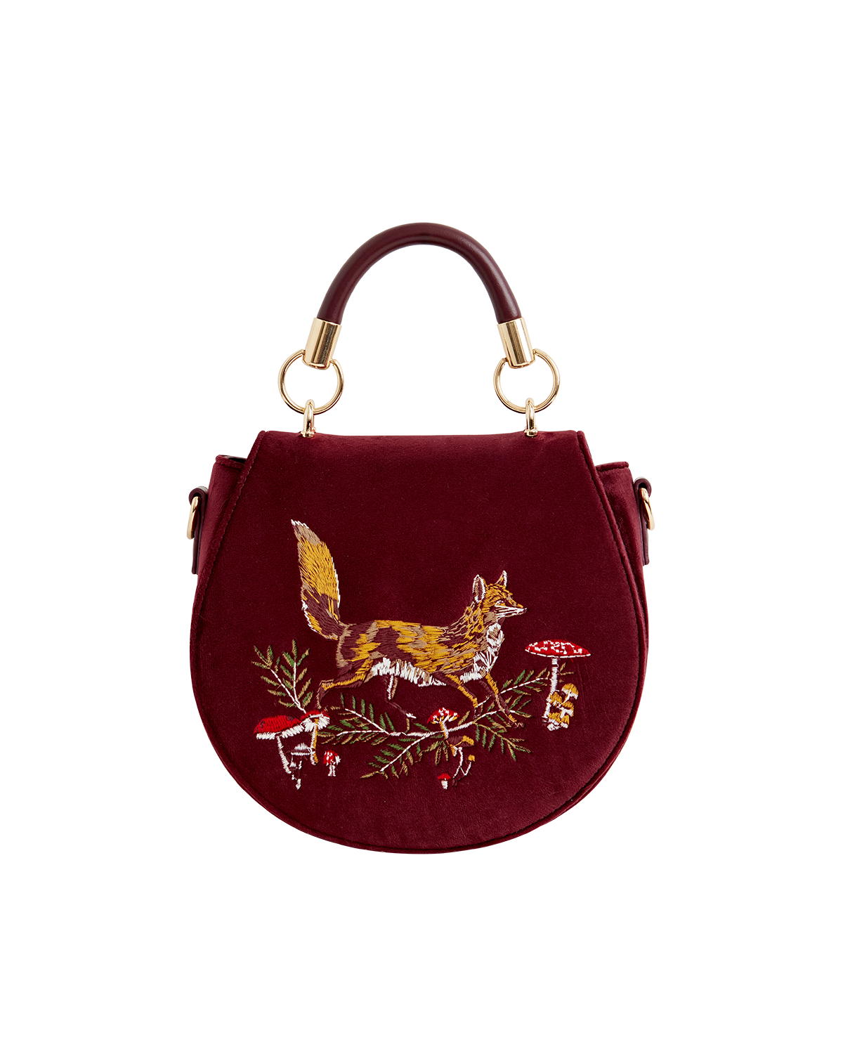 47138-fable_england.png Fox & Mushroom Embroidered Saddle Bag - Redcurrant Velvet - Image 1
