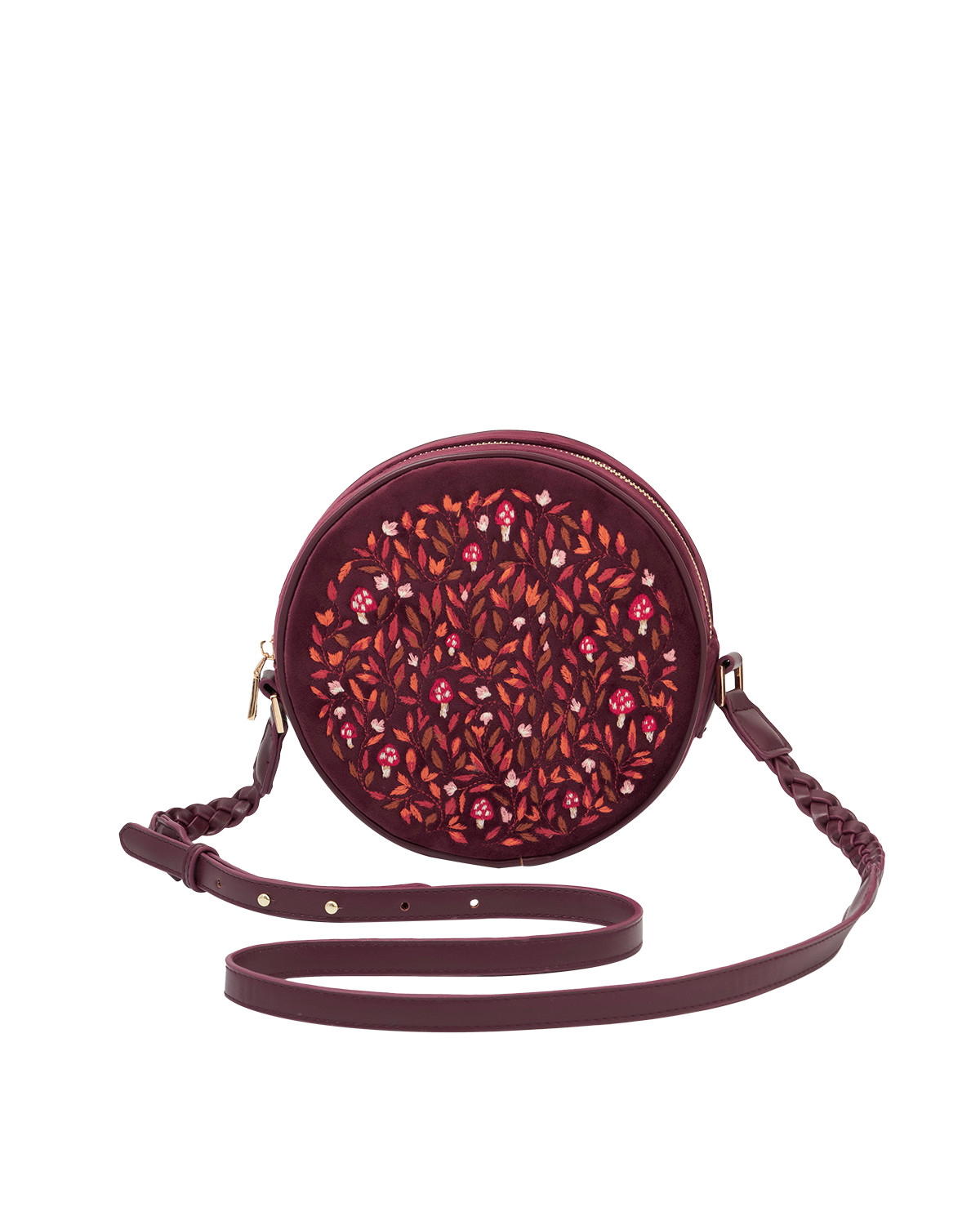 47251_a.png Magical Mushroom Embroidered Burgundy Velvet Circle Bag - Image 1