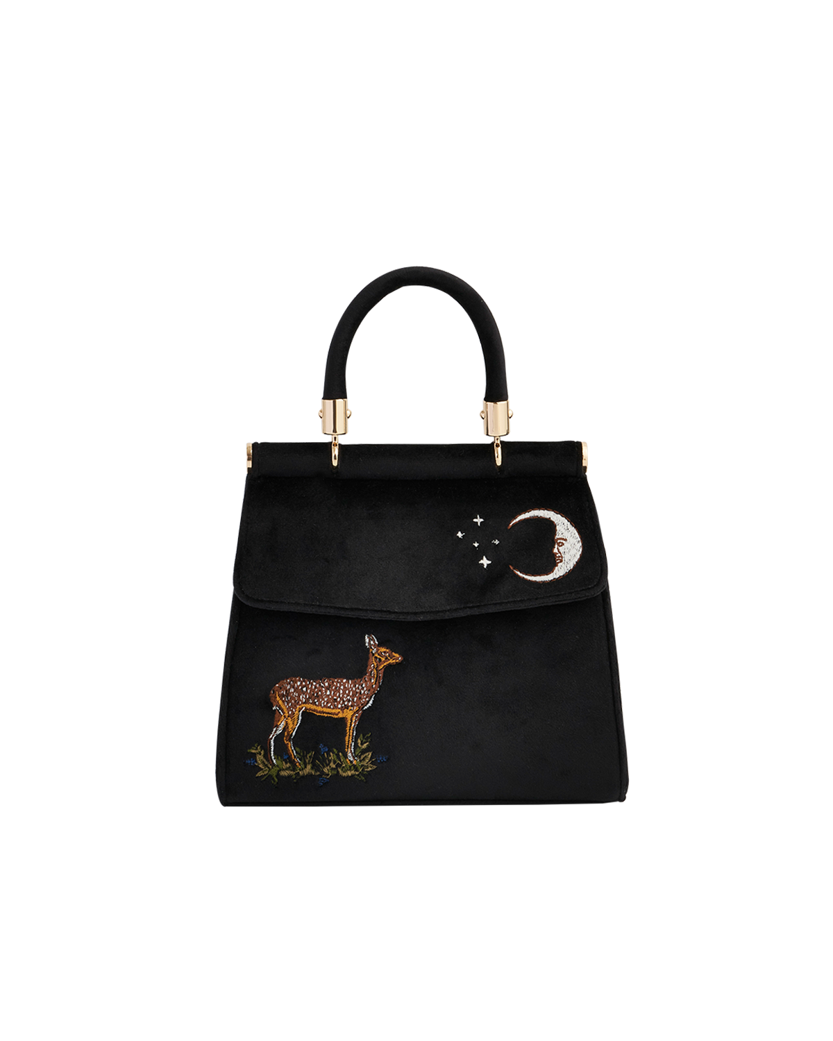 47257_b_97078b6c-4951-46d4-a370-0a9b154f138e.png Deer & Moon Embroidered Black Velvet Tote - Image 1