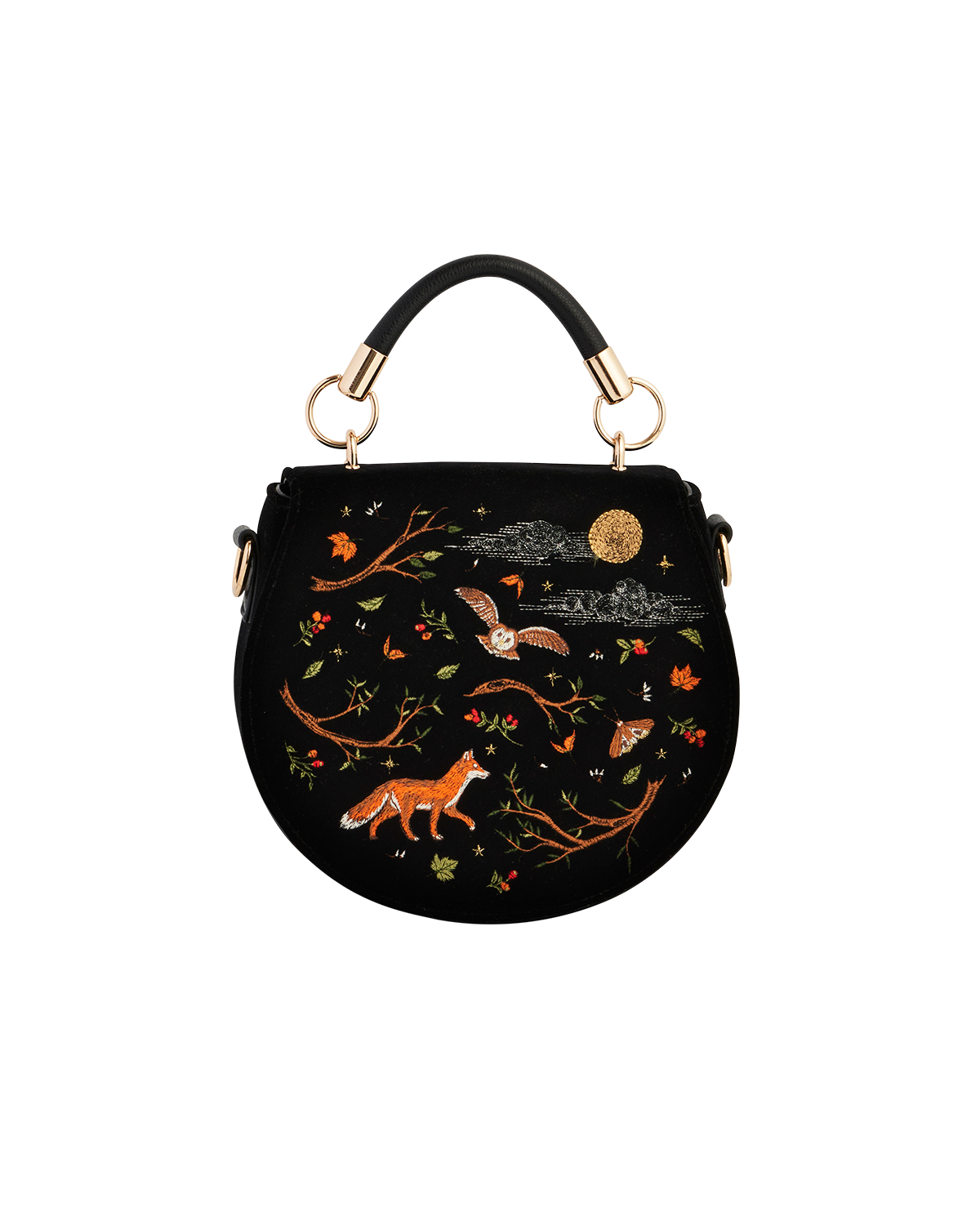 47366-Black-Fox-Owl-Embroidered-Top-Handle-Saddle-Bag_1.png Black Fox & Owl Embroidered Top Handle Saddle Bag - Image 1