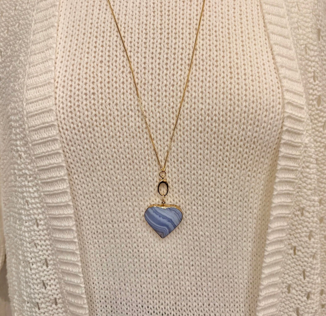 IMG_2140_3a5838b5-77ef-4711-a1e5-d3c2f77285fa.jpg Cristina V Blue Lace Agate Heart Charm on Adjustable Clip Chain - Image 1