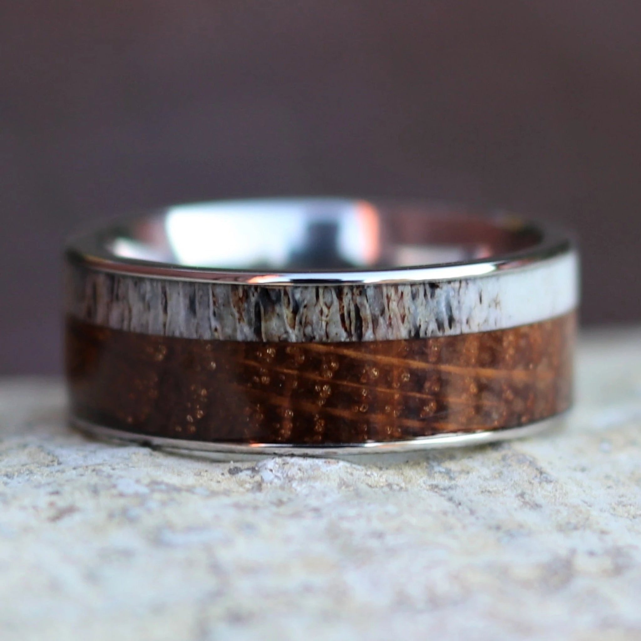 The-Wayfarer-Antler-and-Whiskey-Barrel-Mens-Wedding-Ring-1.jpg The Wayfarer - Image 1